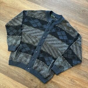Tris Line Wool Acrylic Blend Button Sweater Italy Sz 52 Grandpacore Geometric